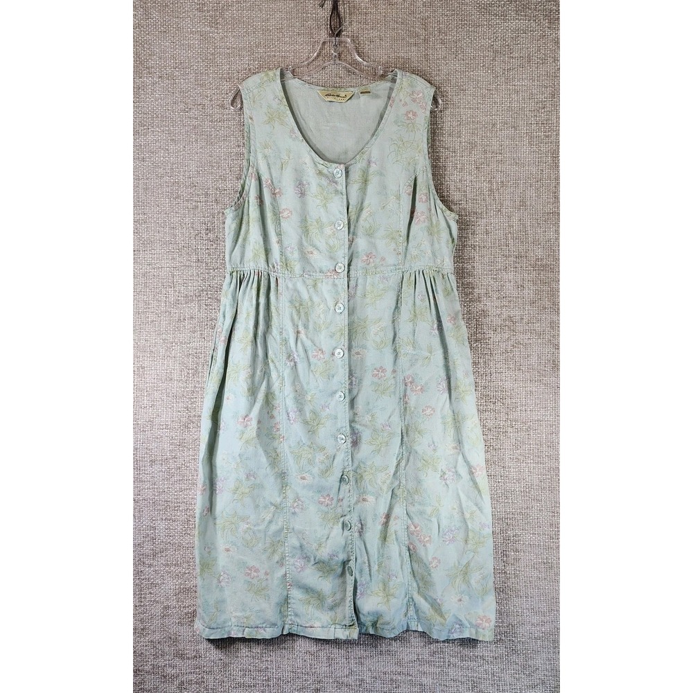 Eddie Bauer 100% Linen Sleeveless Dress Womens M Blue Floral Cottage Prairie VTG